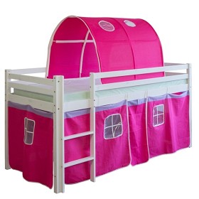Bild på Loftbed Childrenbed Ladder Tunnel Solid Pine Curtain Red 90x200