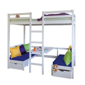 Bild på Kinderbett Hochbett 90x200 weiß Schreibtisch Etagenbett + Sitzkissen blau