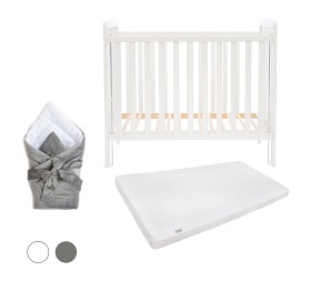 Bild på Little Louie Alice Bedside Crib med Babymatex Madrass Softi Plus och Mantulien Babyfilt Linn