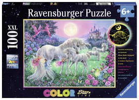 Bild på Ravensburger Pussel Enhörningar i månskenet 100-bitar (Lyser i mörker)